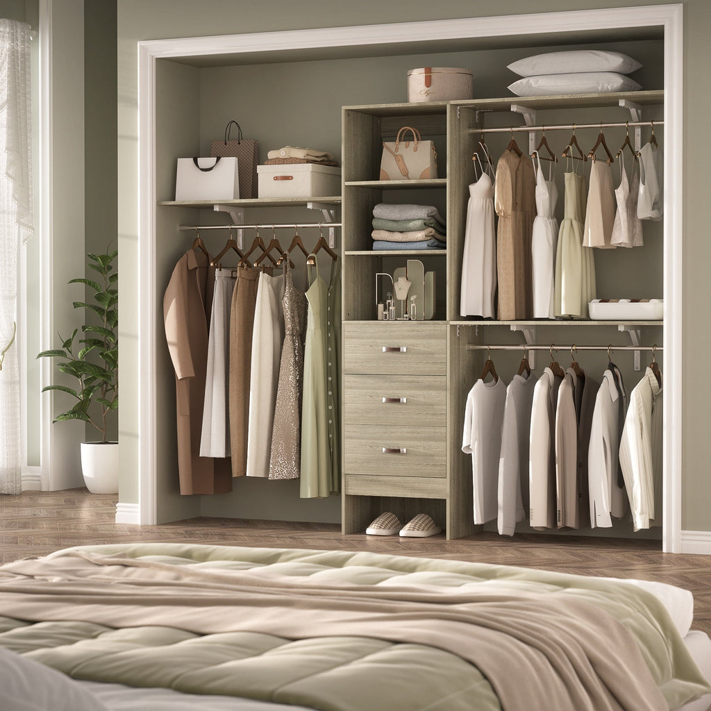 Rackcog 120'' Adjustable Closet Organizer with Drawers, Closet System with DIY Shelves for Reach-in and Walk-in Closet