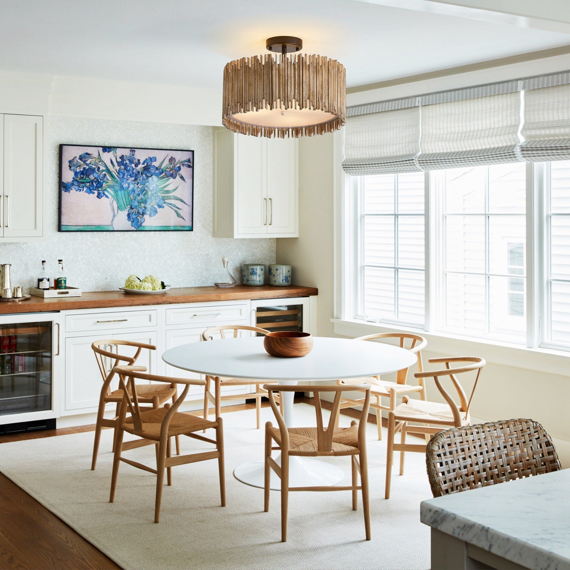 Distressed White 3-Light Wood Drum Semi-Flush Mount Ceiling Light