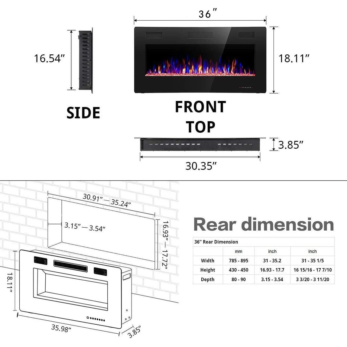 Electric Fireplace Heater Recessed Wall-mounted w/ RC (750-1500W)