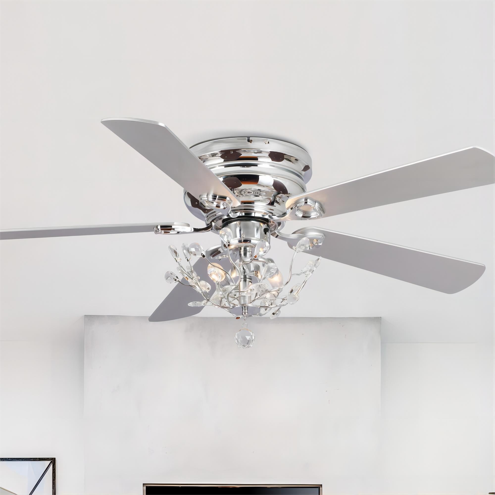 48 Modern Reversible 5-Blade Crystal Flush Mount Ceiling Fan with Remote