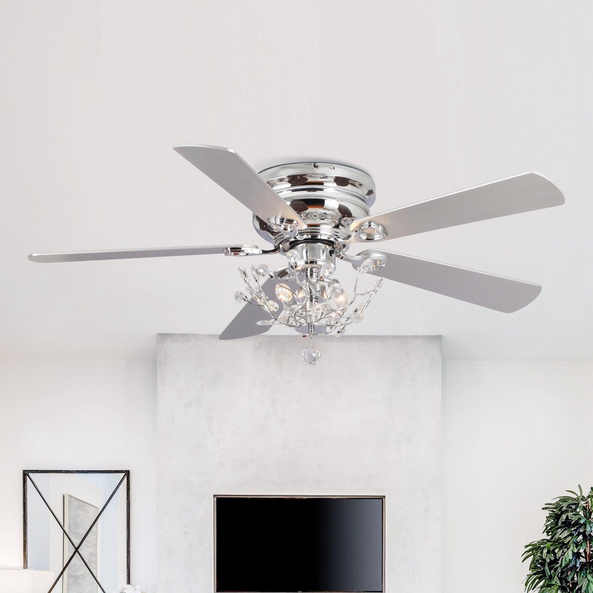 48 Modern Reversible 5-Blade Crystal Flush Mount Ceiling Fan with Remote