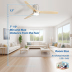 52 Inch Farmhouse Style Flush Mount Ceiling Fan with Light and Remote Control, Reversible DC Motor