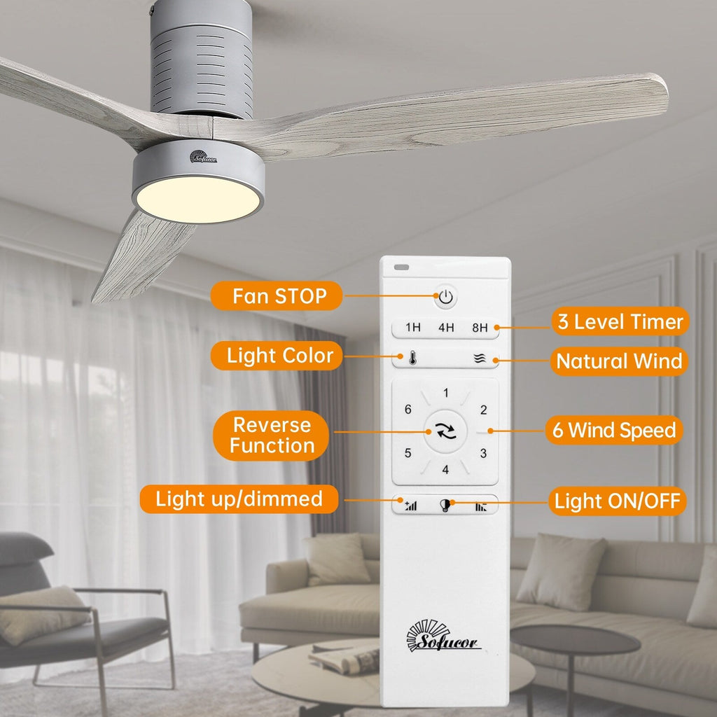 52 Inch Farmhouse Style Flush Mount Ceiling Fan with Light and Remote Control, Reversible DC Motor