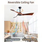 52 inch Modern Solid Wood / ABS Ceiling Fan With Remote Control(No Light),6 WInd Speed,Reversible Airflow