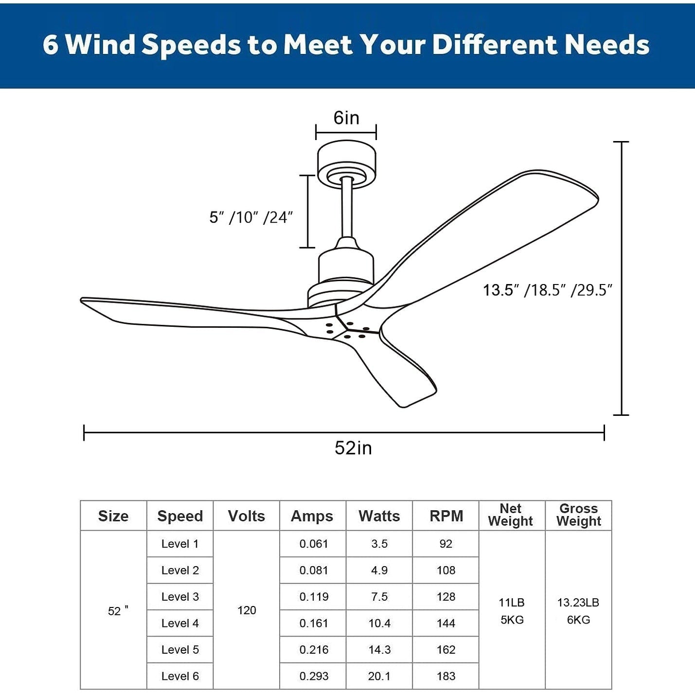 52 inch Modern Solid Wood / ABS Ceiling Fan With Remote Control(No Light),6 WInd Speed,Reversible Airflow