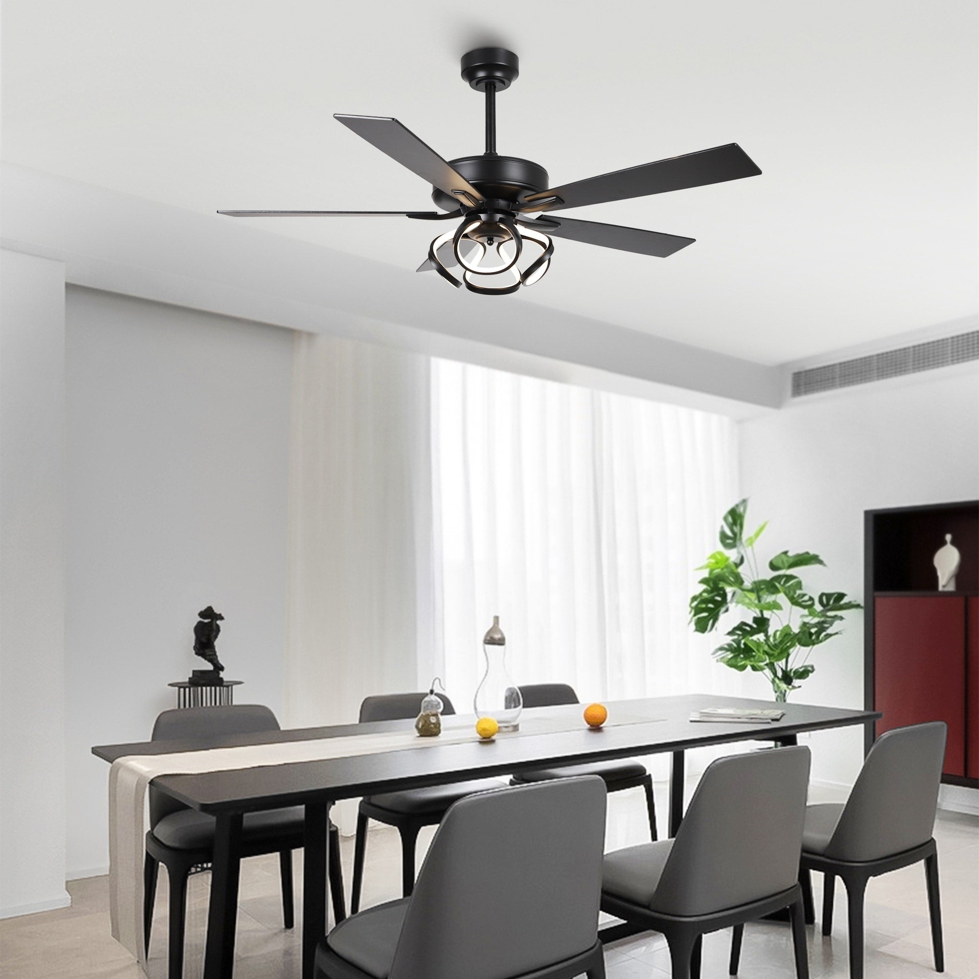 52 Modern Chrome/ Black Indoor Ceiling Fan Light with Remote and 5 Resiversible Blades