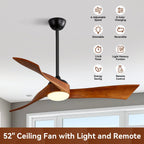 52 Wood 3-Blade Ceiling Fans with Dimmable LED Light and Remote, 6-Speed Reversible DC Motor - 52 inch