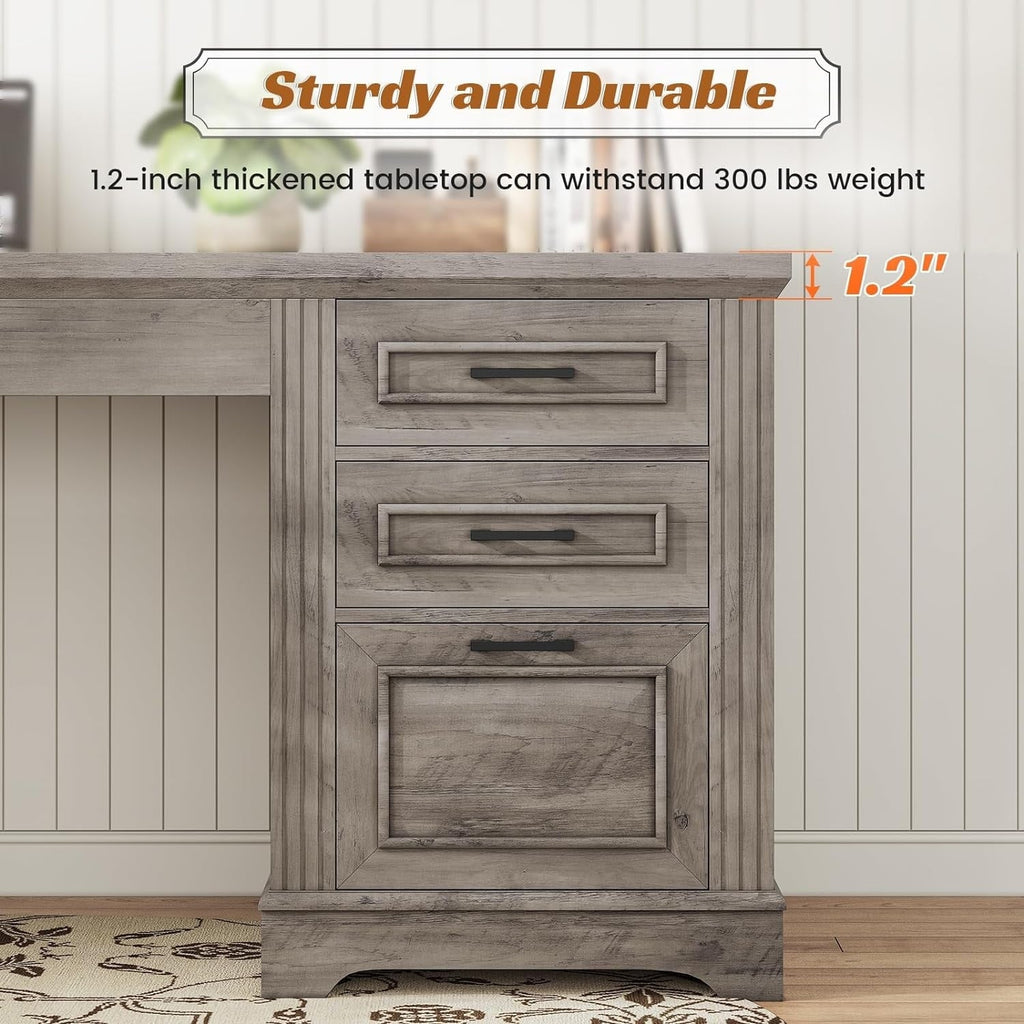 Farmhouse Executive Desk Home Office Desk File Drawer Monitor Stand Power Outlet