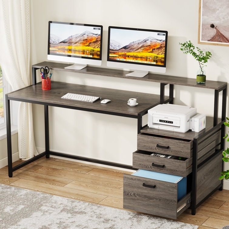 63 Computer Desk with Monitor Stand, Ergonomic Home Office Desks with Drawers File Cabinet
