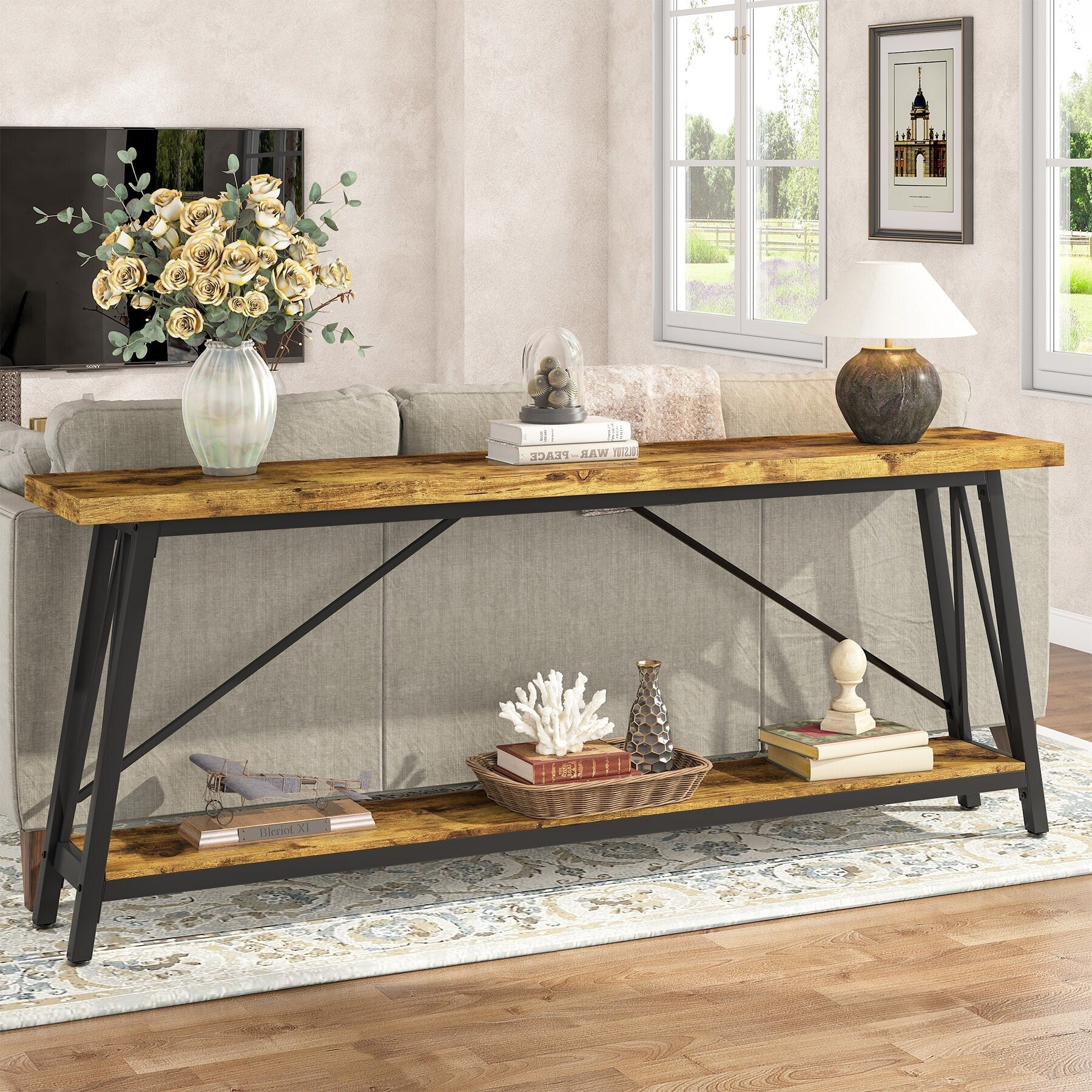 70.9 Inch Extra Long Sofa Table, Industrial Entry Console Table