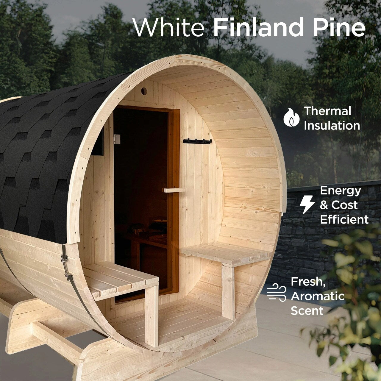 ALEKO 6-8 Person White Finland Pine Barrel Sauna with UL Electrical Heater - 88L x 73W x 79H inch