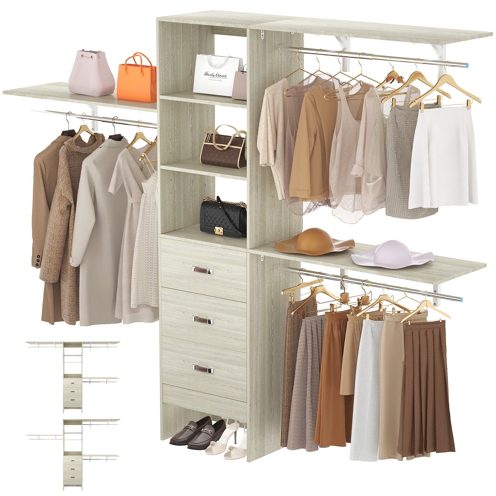 Rackcog 120'' Adjustable Closet Organizer with Drawers, Closet System with DIY Shelves for Reach-in and Walk-in Closet