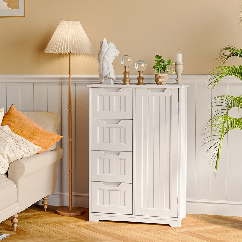 Bathroom Floor Storage Cabinet, Free-Standing Floor Storage Cabinet with 4 Draws and Adjustable Shelf