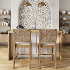 Beacon Bohemian Boucle Bar Stool, Upholstered Counter Height Chair with Solid Wood Frame and Woven Seagrass Back