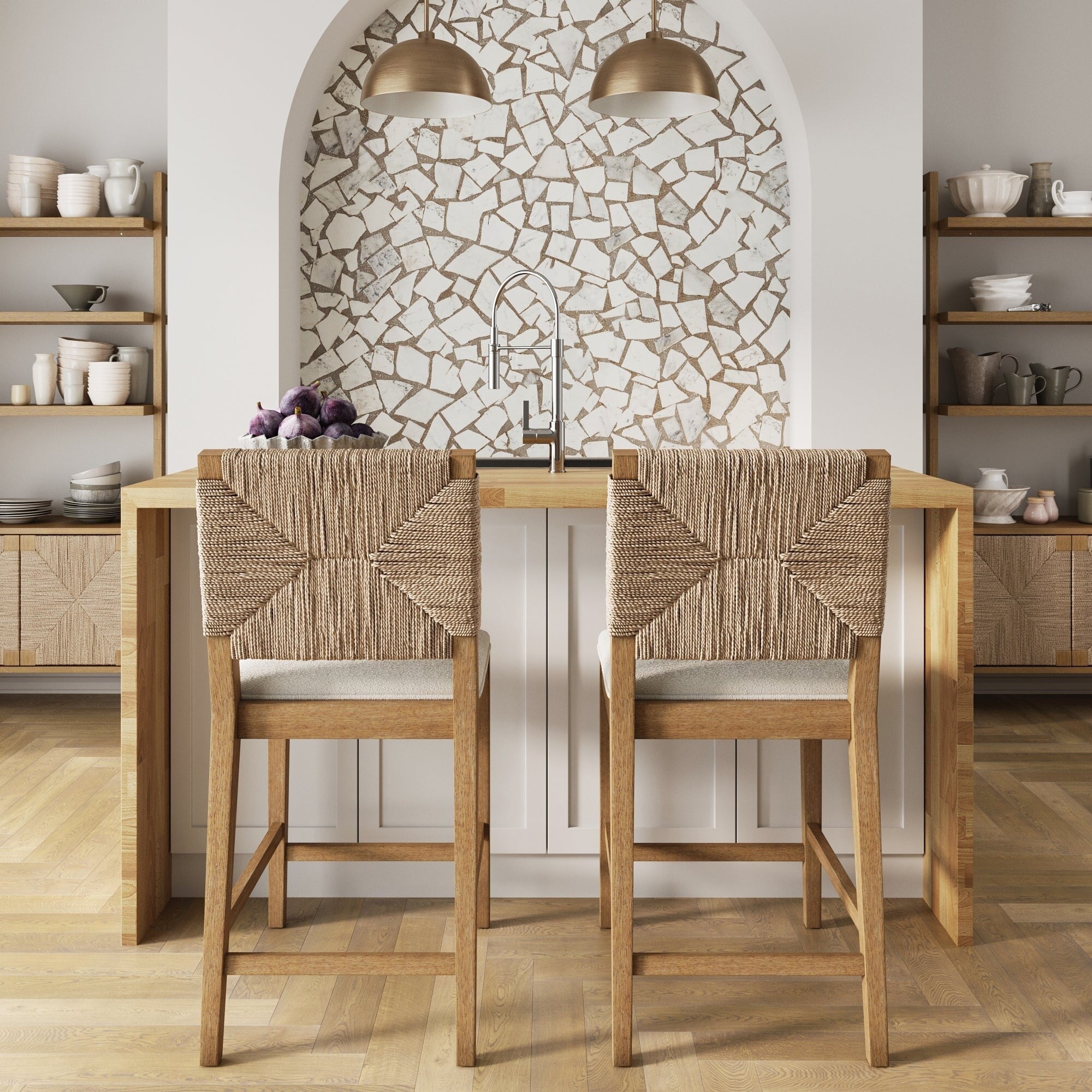 Beacon Bohemian Boucle Bar Stool, Upholstered Counter Height Chair with Solid Wood Frame and Woven Seagrass Back