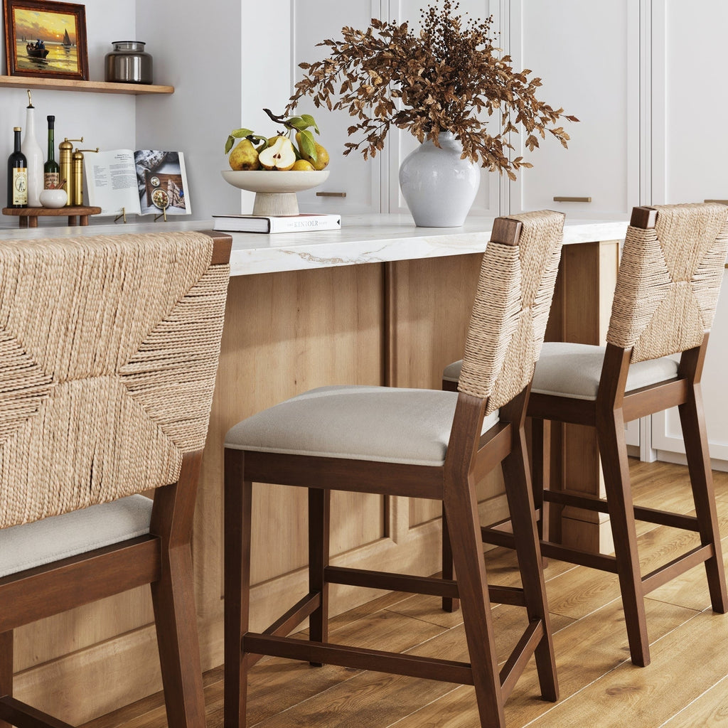 Beacon Bohemian Boucle Bar Stool, Upholstered Counter Height Chair with Solid Wood Frame and Woven Seagrass Back