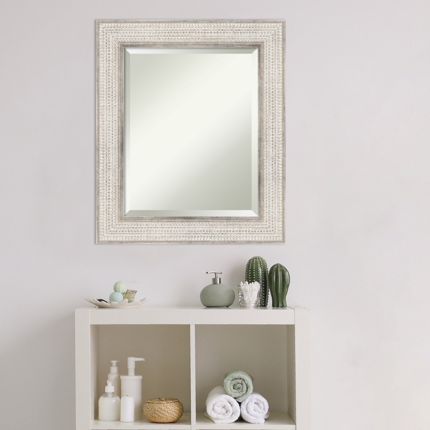 Beveled Wood Bathroom Wall Mirror - Trellis Silver Frame - Trellis Silver