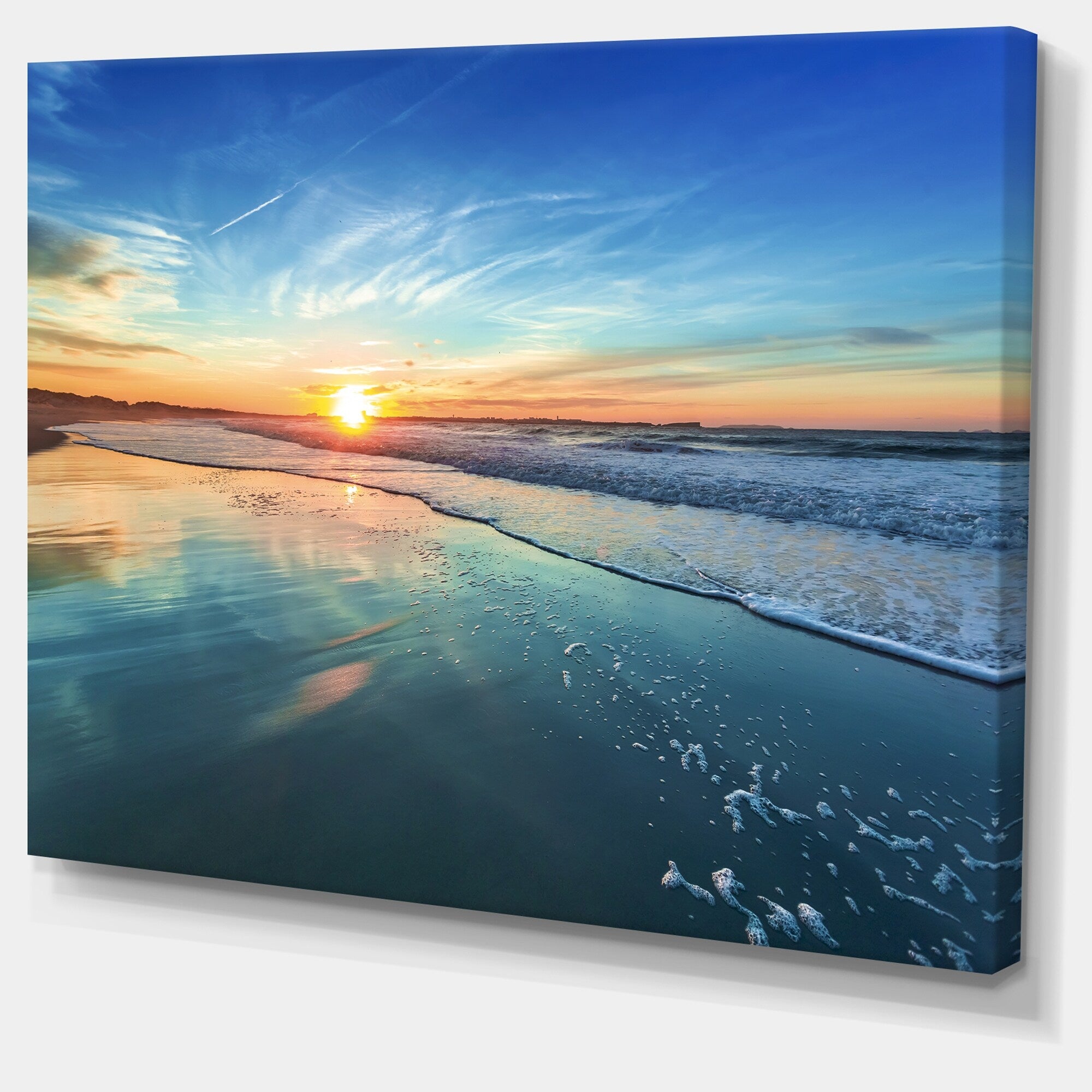 Blue Seashore with Distant Sunset - Seashore Canvas Wall Art