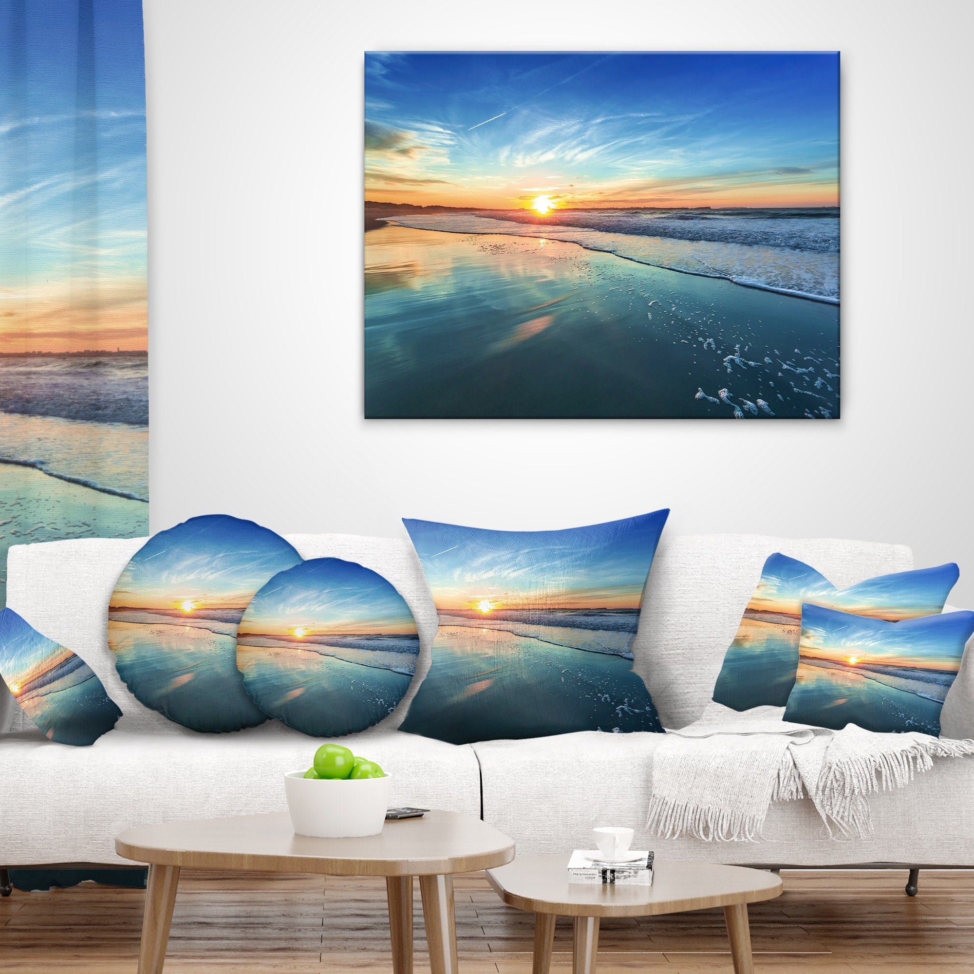 Blue Seashore with Distant Sunset - Seashore Canvas Wall Art