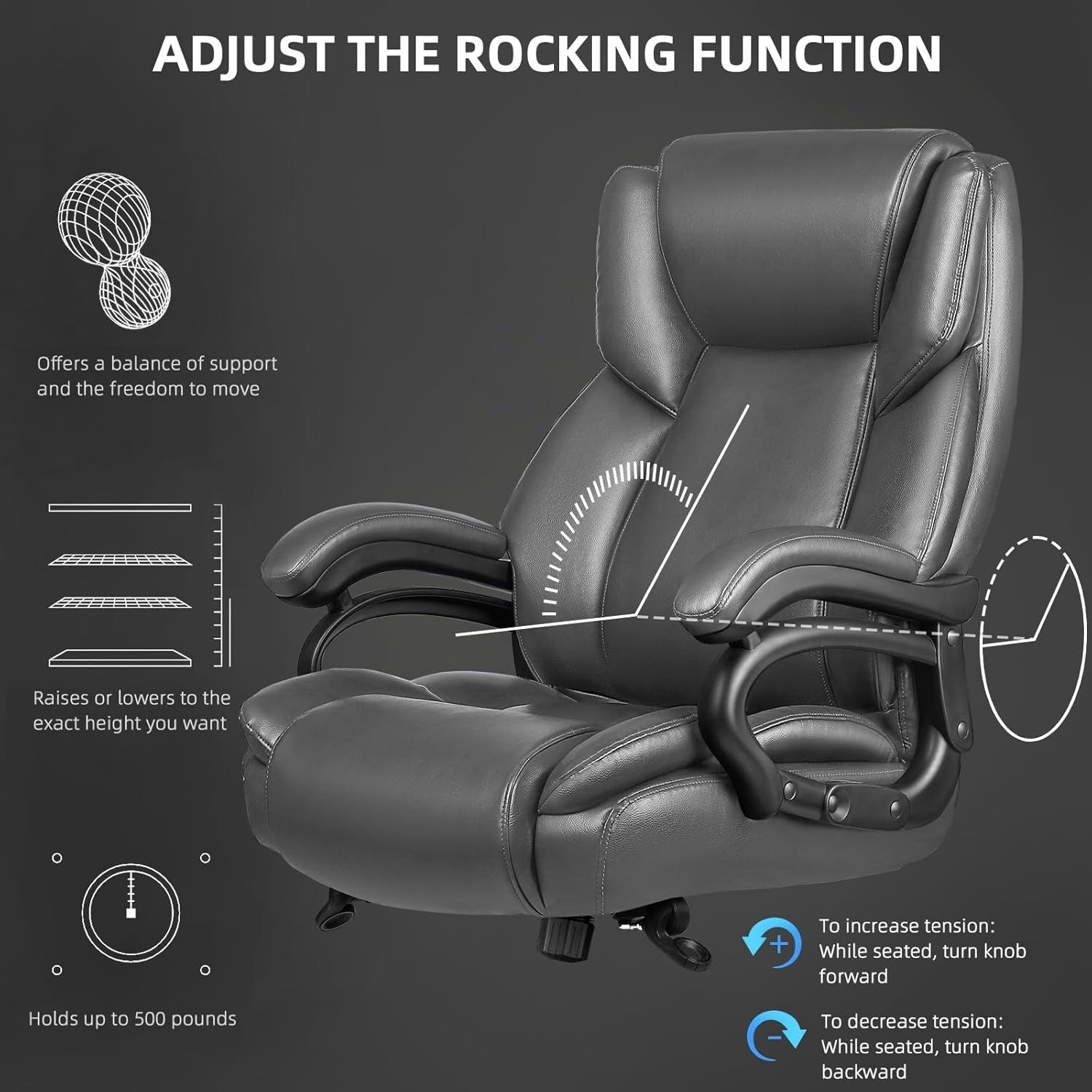 Bossin Big and Tall Executive Office Chair,500LBS Adjustable Lumbar Support Ergonomic Chair with High Back PU Leather Computer