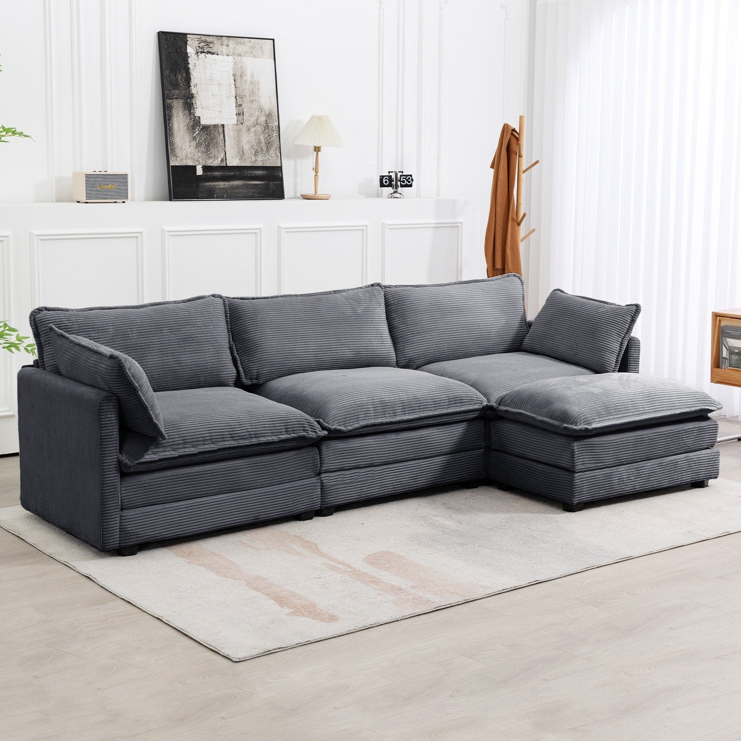 Corduroy Sectional Sofa with Removable Ottomans & Ultra-soft Cushions for Living Room & Bedroom