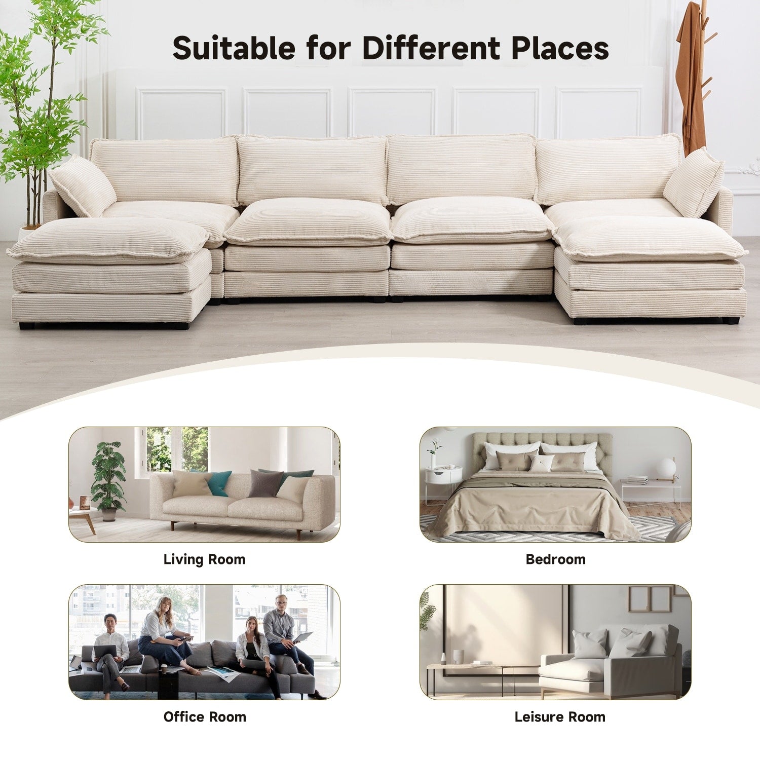 Corduroy Sectional Sofa with Removable Ottomans & Ultra-soft Cushions for Living Room & Bedroom