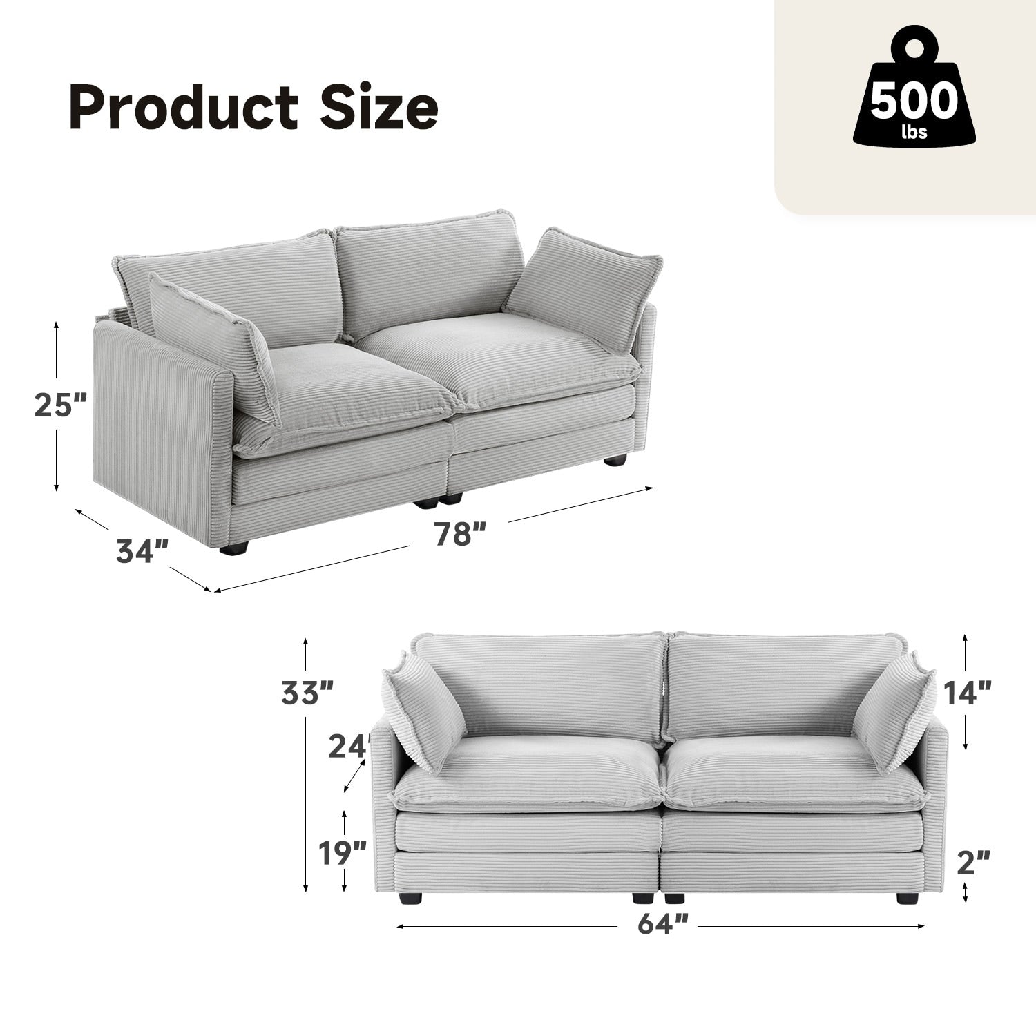 Corduroy Sectional Sofa with Removable Ottomans & Ultra-soft Cushions for Living Room & Bedroom