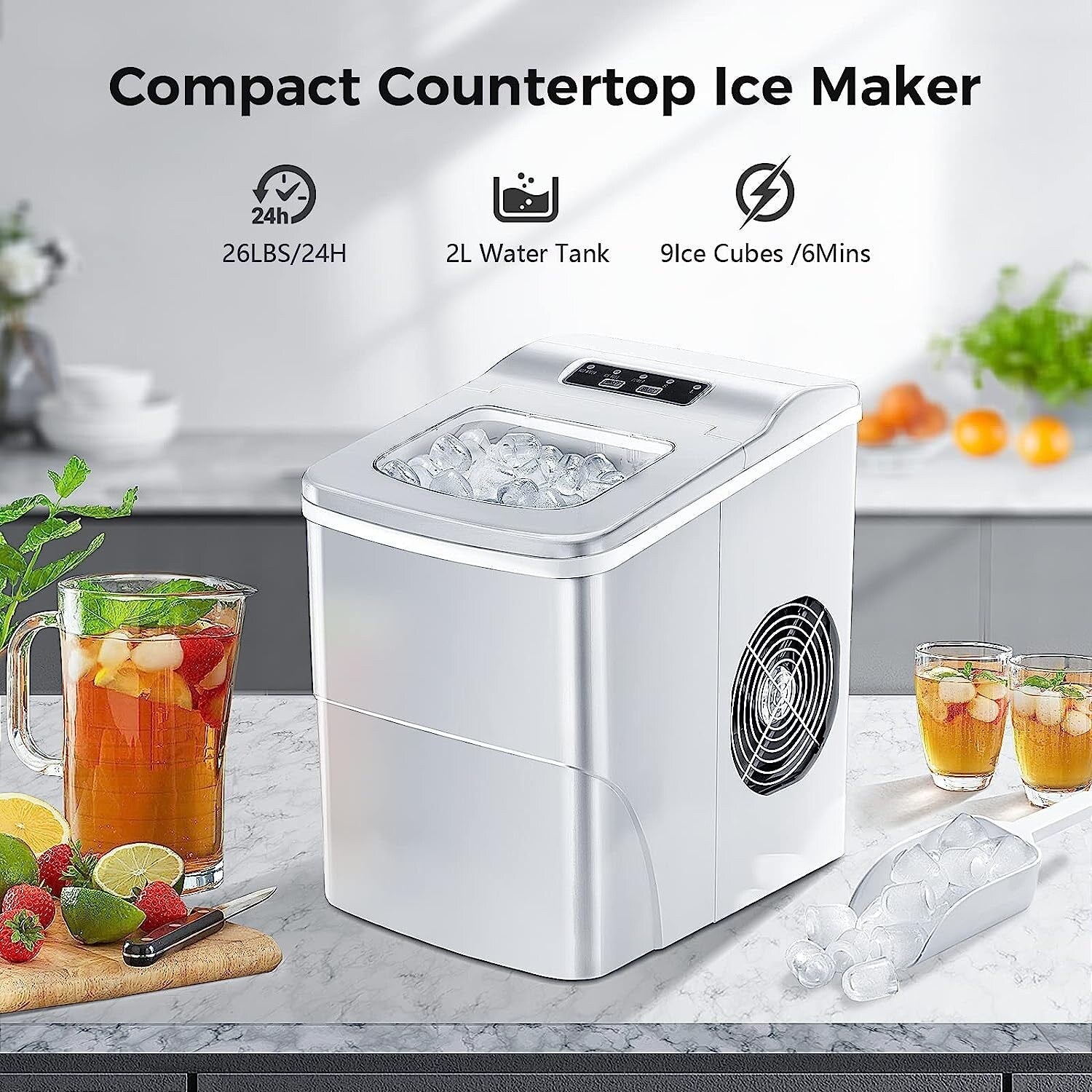 Countertop Ice Maker Machine, Ice Cube Ready in 6-8 Mins with Ice Scoop and Basket