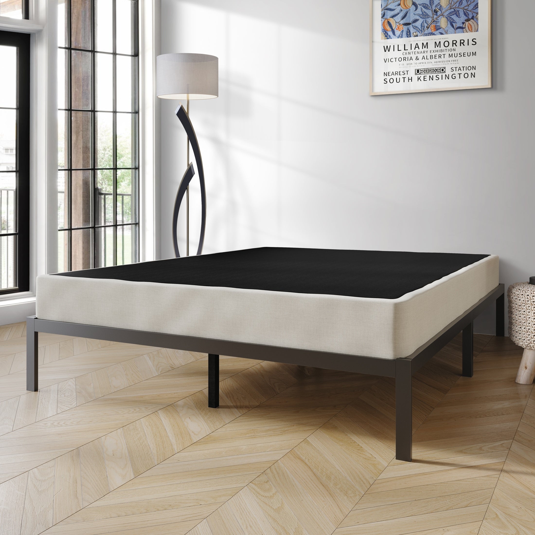 CraftPorch Solid Wood 5-Inch Box Spring Foundation with Wood Slats with Warm Grey Linen Cover