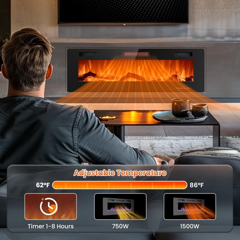 Electric Fireplace Heater Recessed Wall-mounted w/ RC (750-1500W)