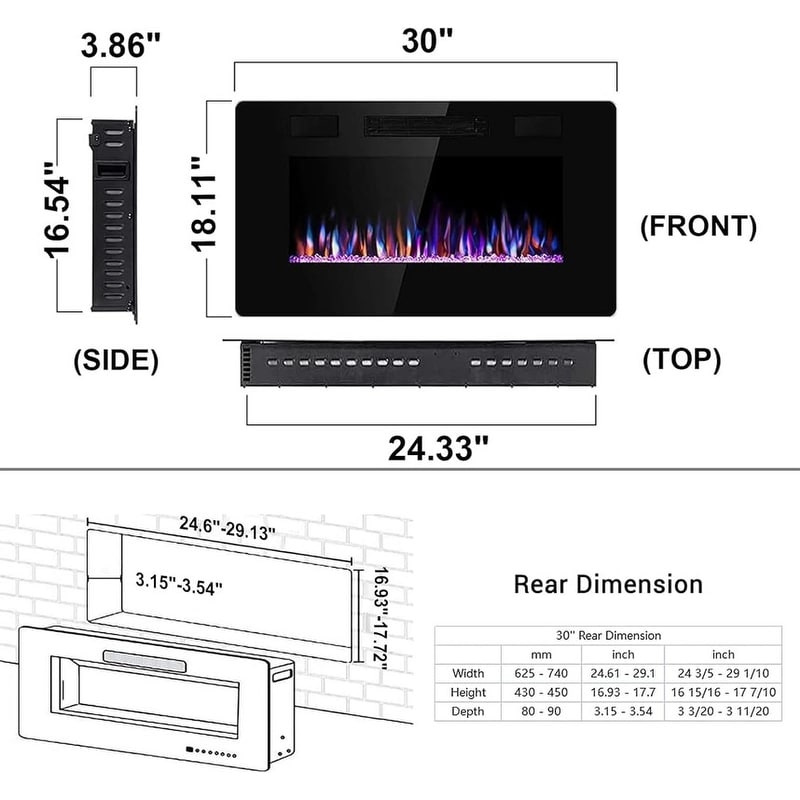 Electric Fireplace Heater Recessed Wall-mounted w/ RC (750-1500W)