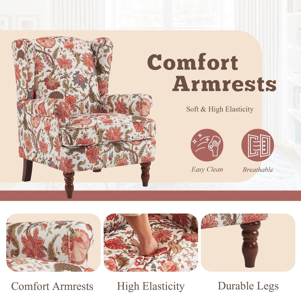 Erommy Modern Accent Chair, High Back Armchair, Upholstered Fabric Button Single Sofa with Wooden Legs for Living Room