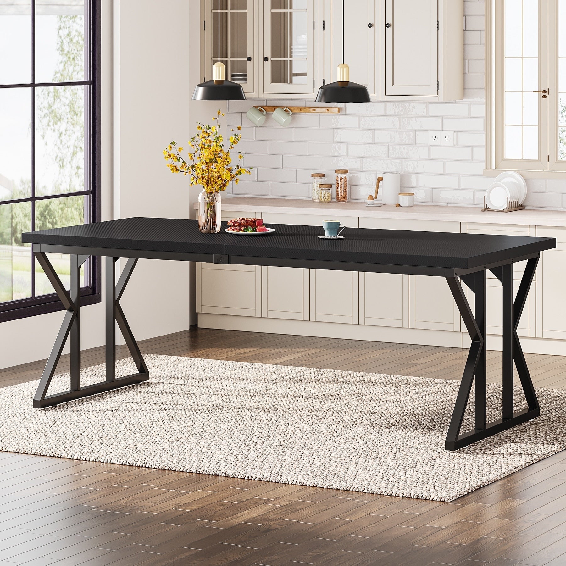 Farmhouse Dining Table for 6 People, 70.8-Inch Rectangular Wood Kitchen Table