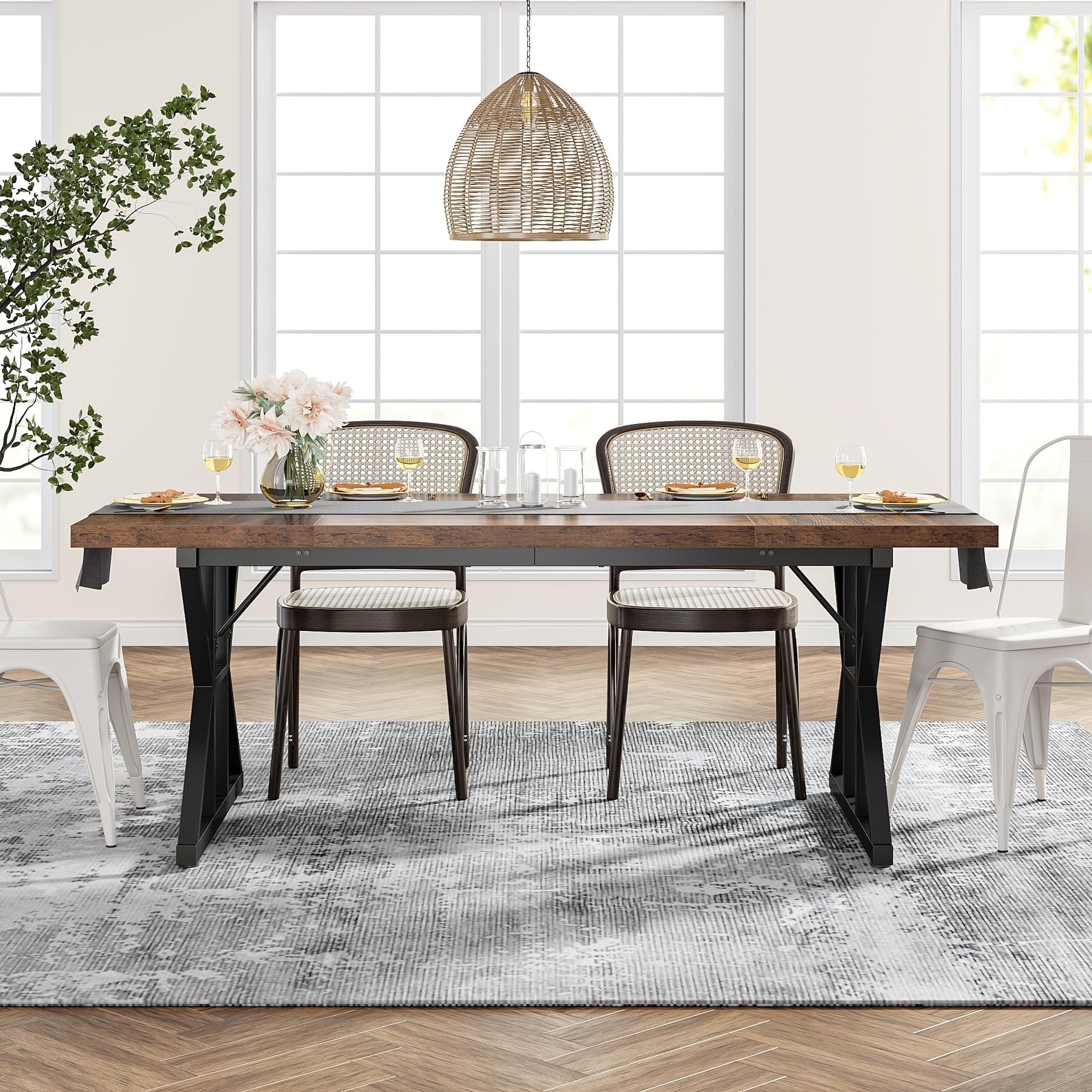 Farmhouse Dining Table for 6 People, 70.8-Inch Rectangular Wood Kitchen Table