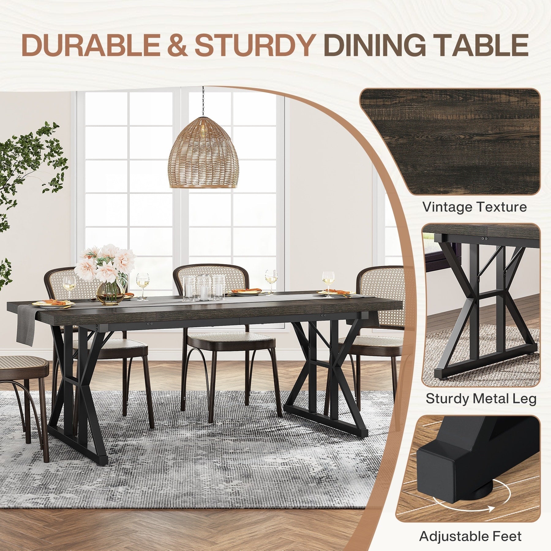 Farmhouse Dining Table for 6 People, 70.8-Inch Rectangular Wood Kitchen Table