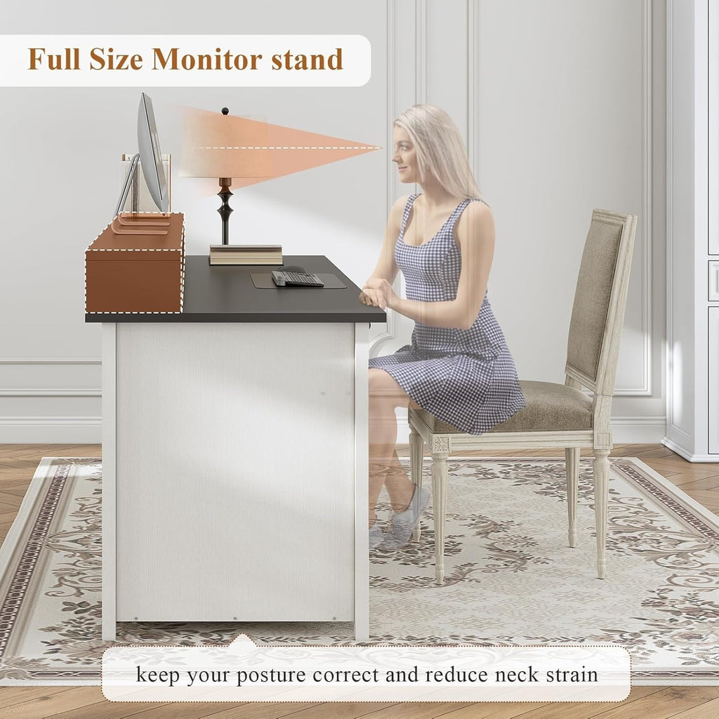 Farmhouse Executive Desk Home Office Desk File Drawer Monitor Stand Power Outlet