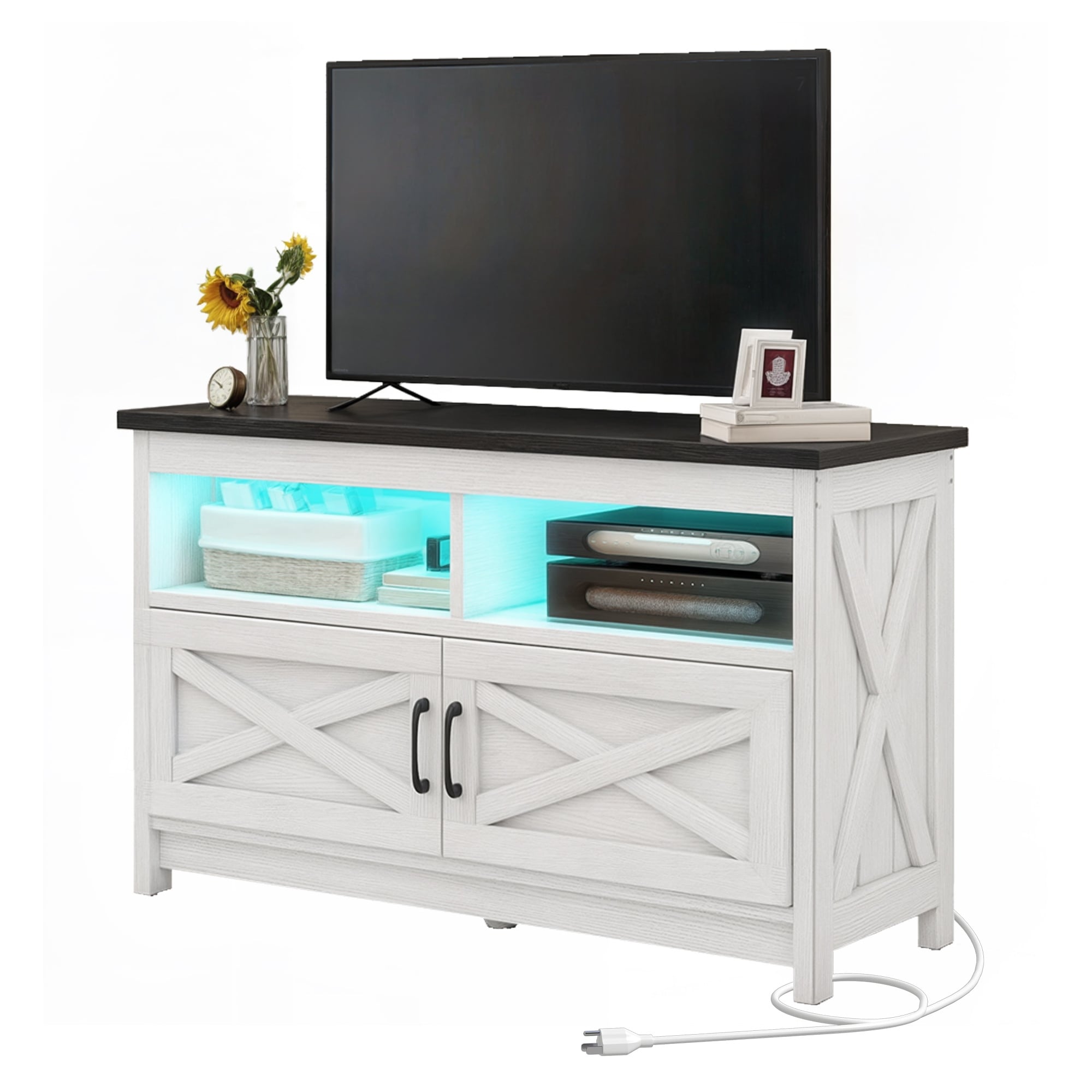 Farmhouse TV Stand for up to 65 TV with Doors and Open Shelves Media Console Power Outlet