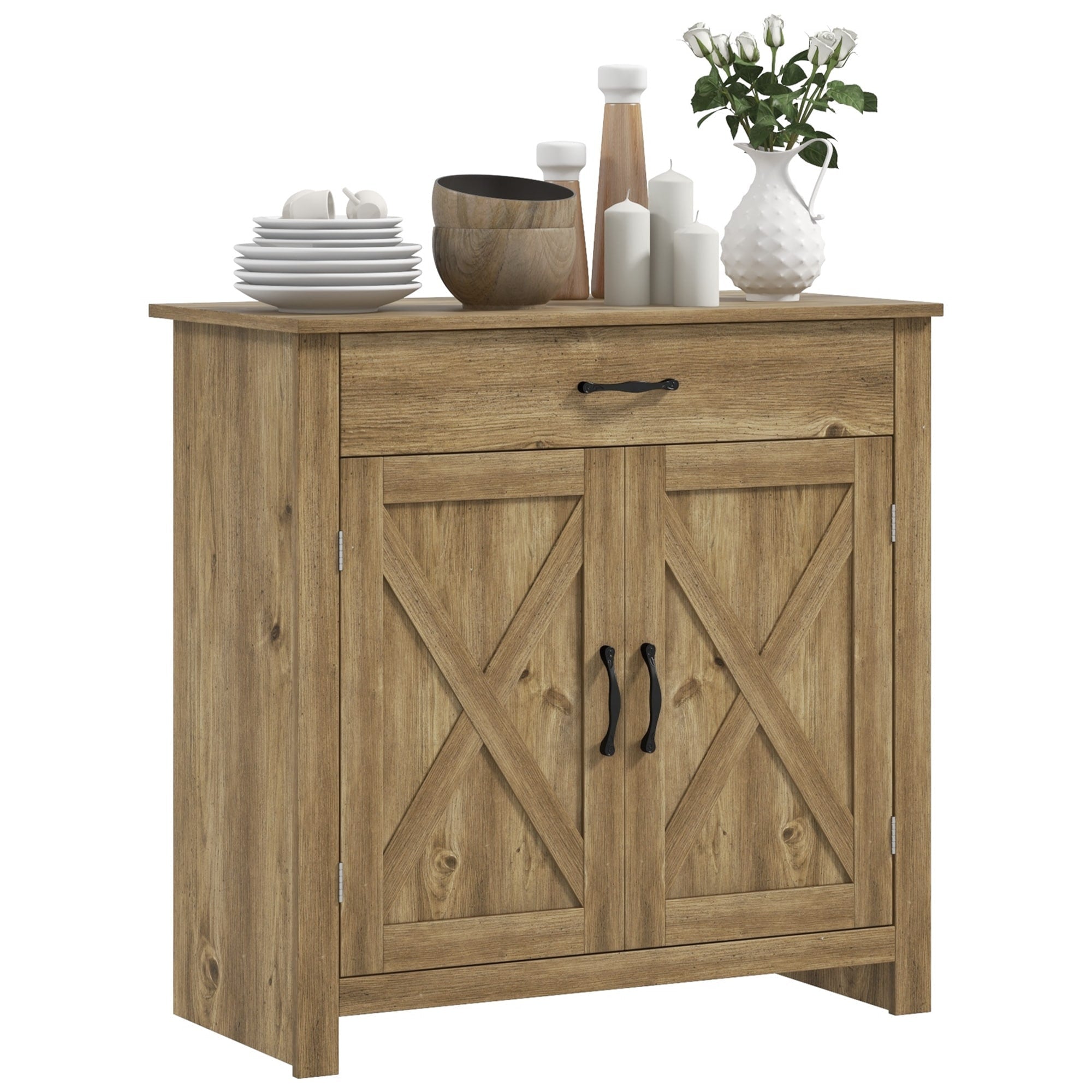 HOMCOM 32 Farmhouse Barn Door Style Sideboard Cabinet,Buffet Storage Cabinet Coffee Bar for Living Room or Entryway