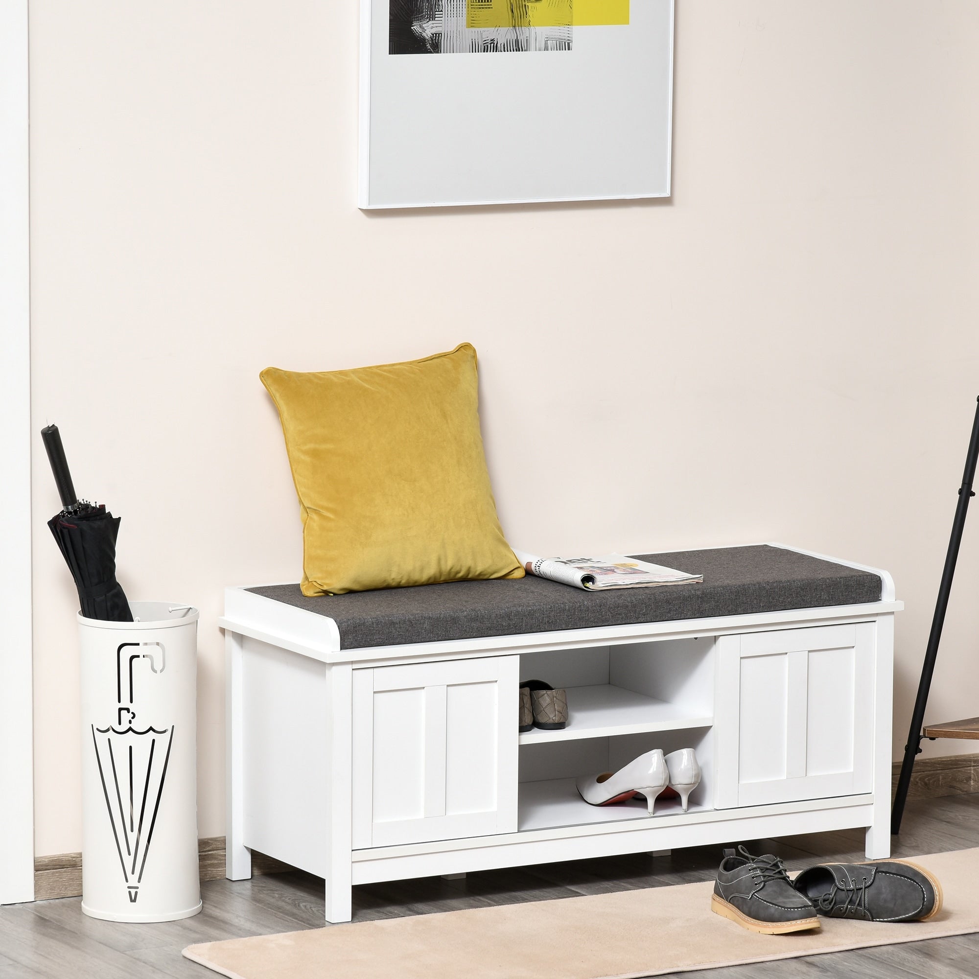 HOMCOM Entryway Shoe Bench Storage Ottoman with Adjustable Shelving, 6 Compartments, and Padded Seat, White/Grey