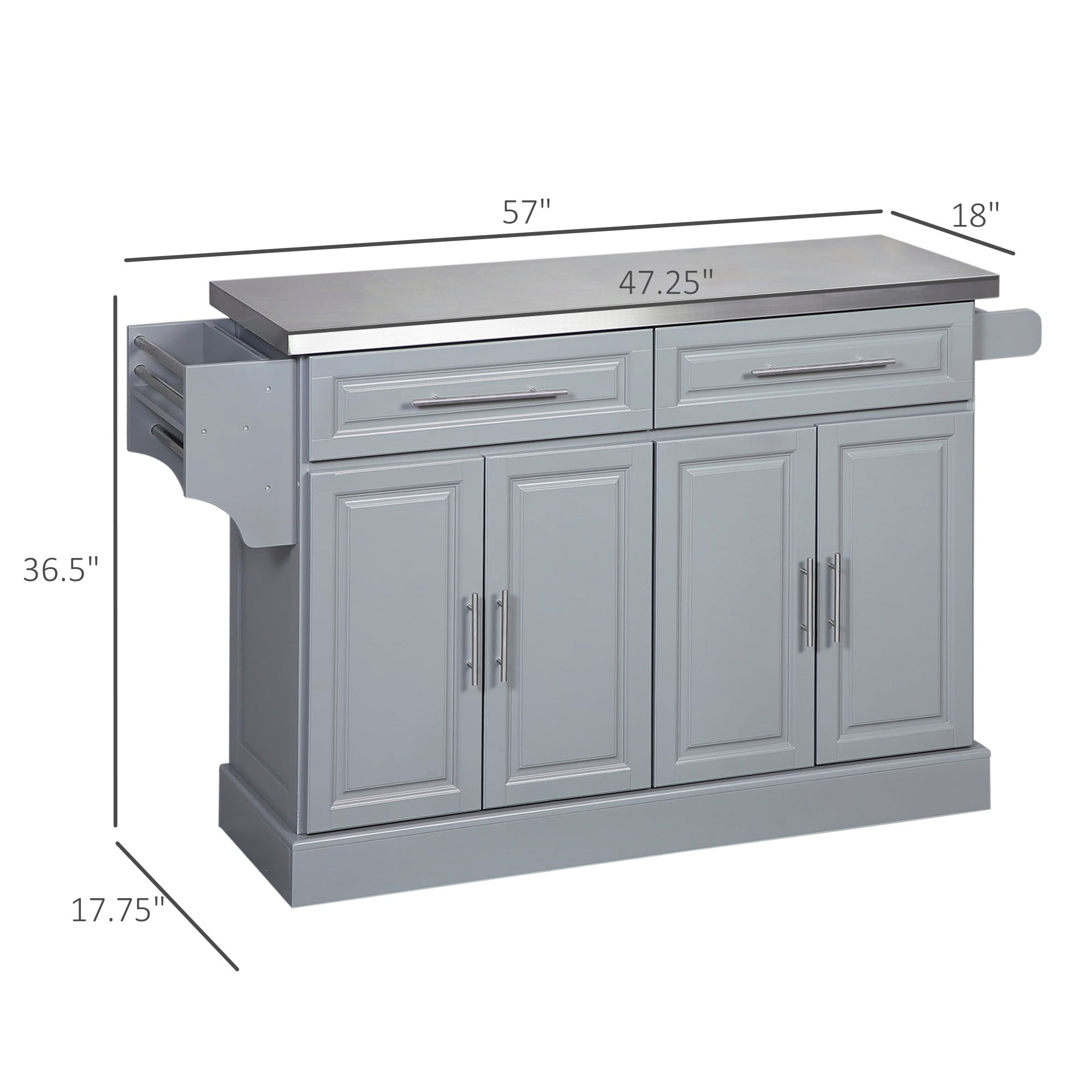 HOMCOM Rolling Kitchen Island with Storage, Portable Kitchen Cart with Stainless Steel Top, Gray - N/A