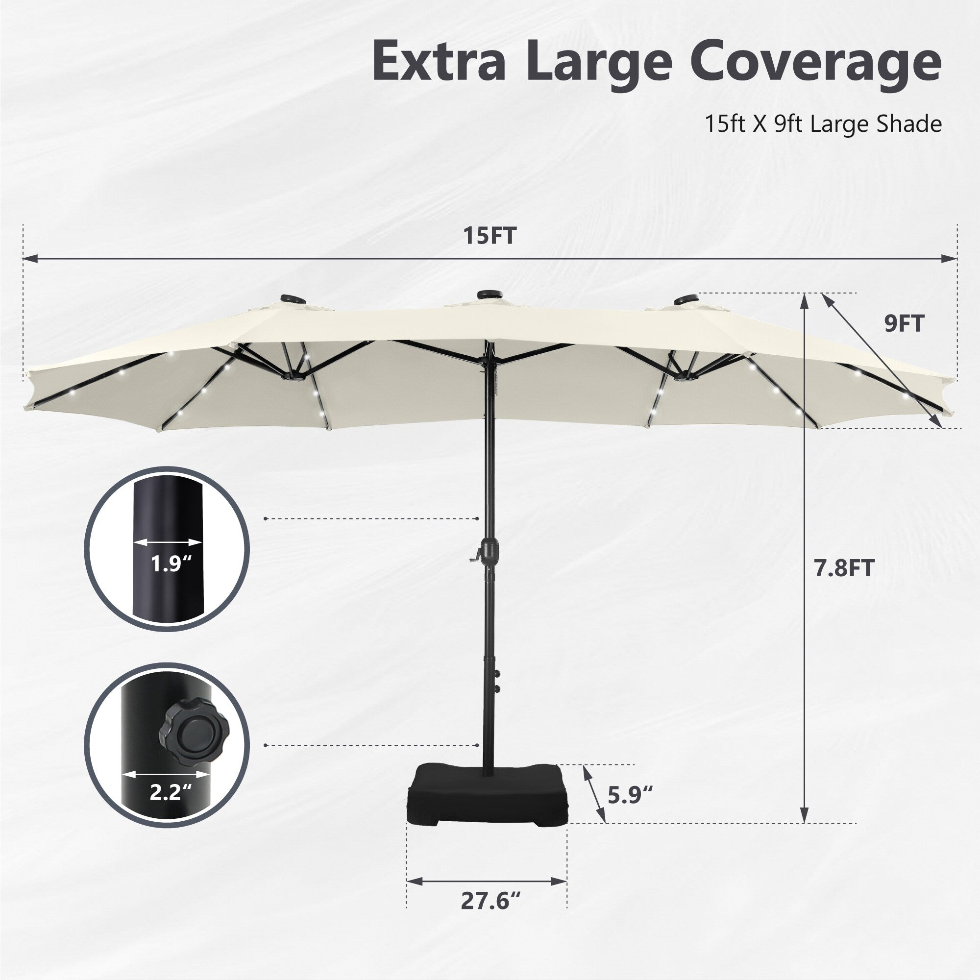 MAISON ARTS 15-foot Rectangular Crank Double-sided Outdoor Market Umbrella Solar LED Lighted Patio Umbrella with Base Included