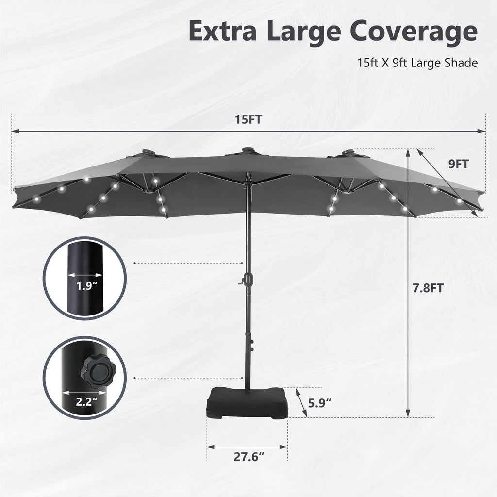MAISON ARTS 15-foot Rectangular Crank Double-sided Outdoor Market Umbrella Solar LED Lighted Patio Umbrella with Base Included