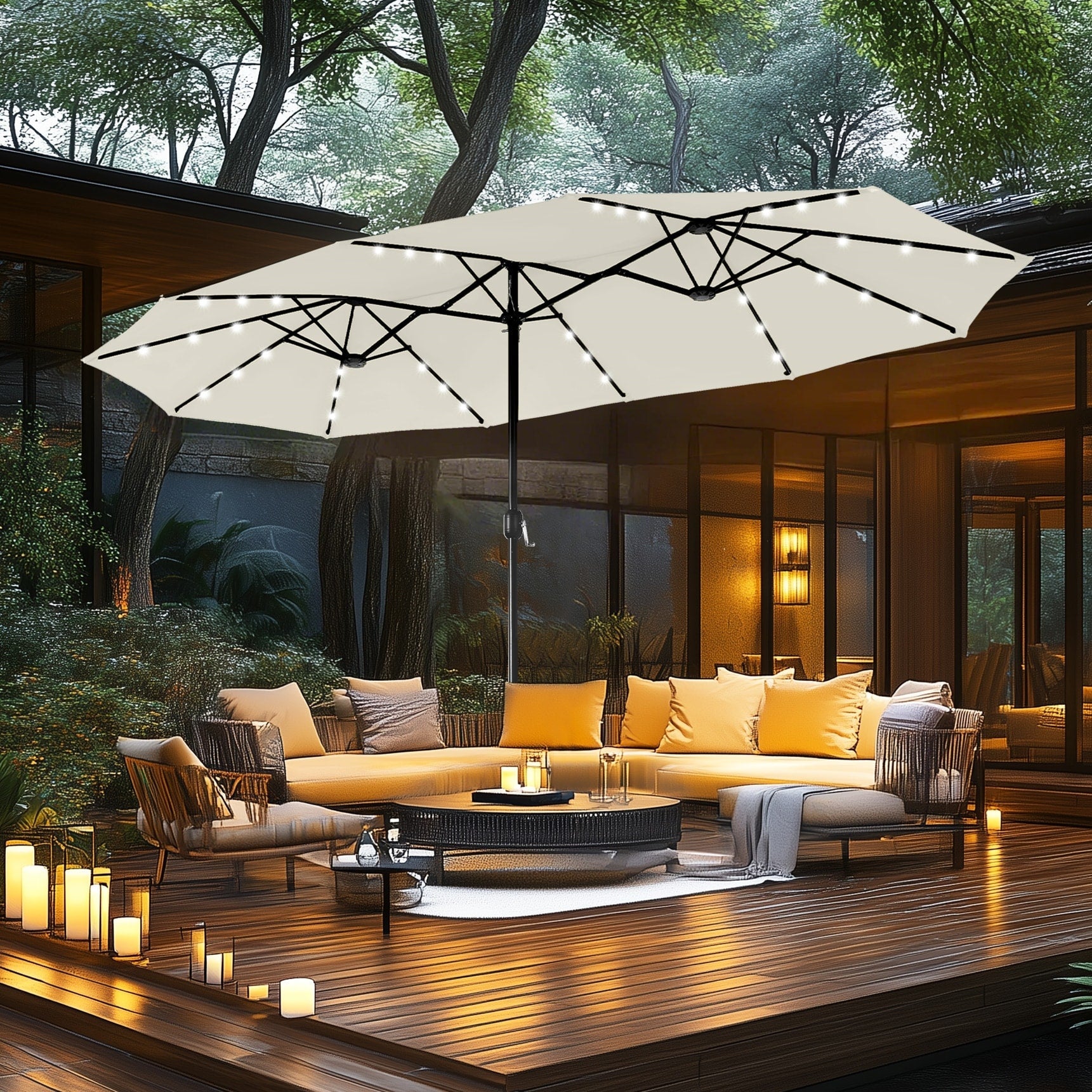 MAISON ARTS 15-foot Rectangular Crank Double-sided Outdoor Market Umbrella Solar LED Lighted Patio Umbrella with Base Included