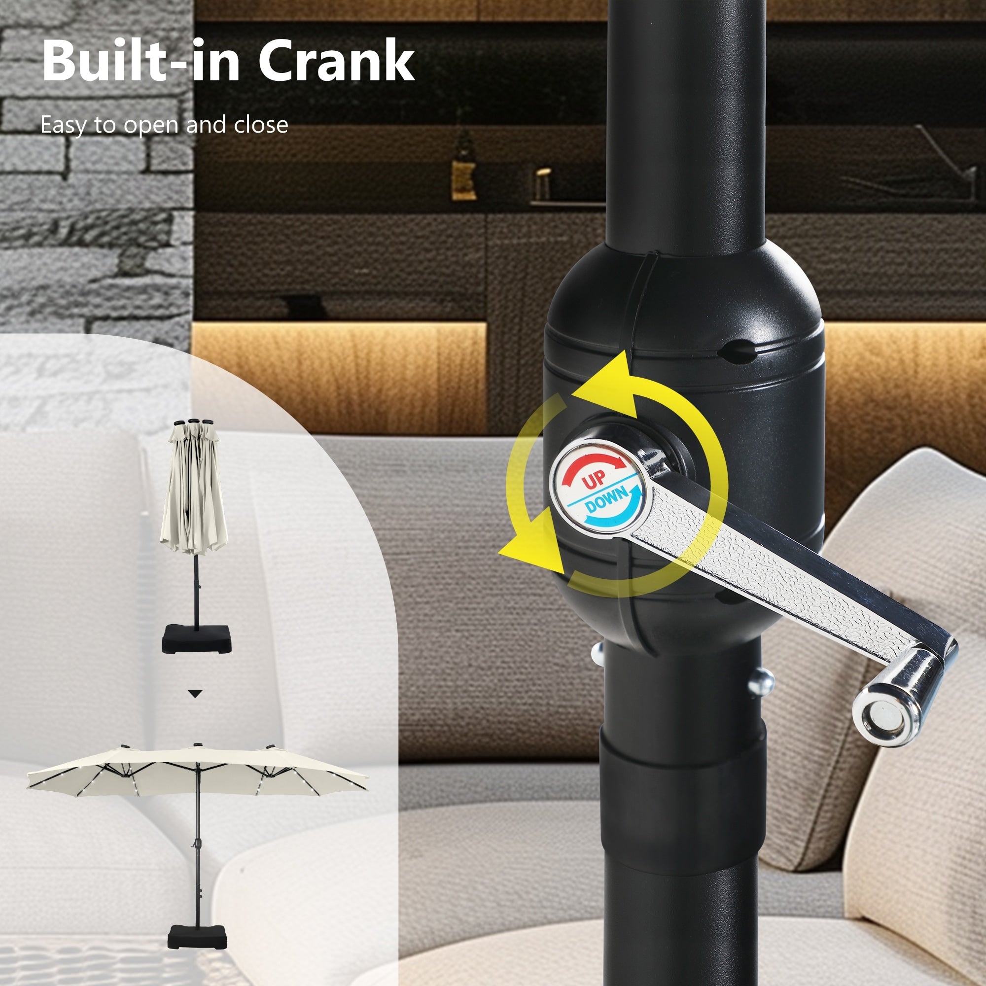 MAISON ARTS 15-foot Rectangular Crank Double-sided Outdoor Market Umbrella Solar LED Lighted Patio Umbrella with Base Included