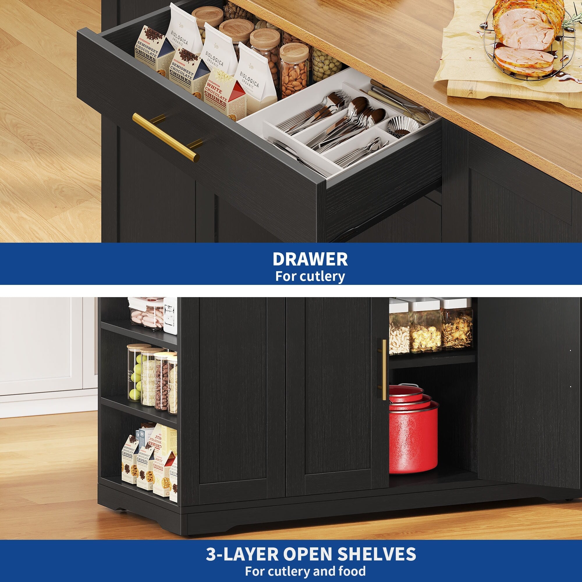 Moasis 53-inch Rolling Kitchen Island Storage Cabinet Portable Mobile Kitchen Cart