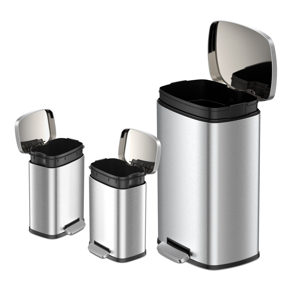 Qualiazero 13.2 GAL plus TWO 1.3 GAL Rectangular Step Can Trash Cans - Family Combo