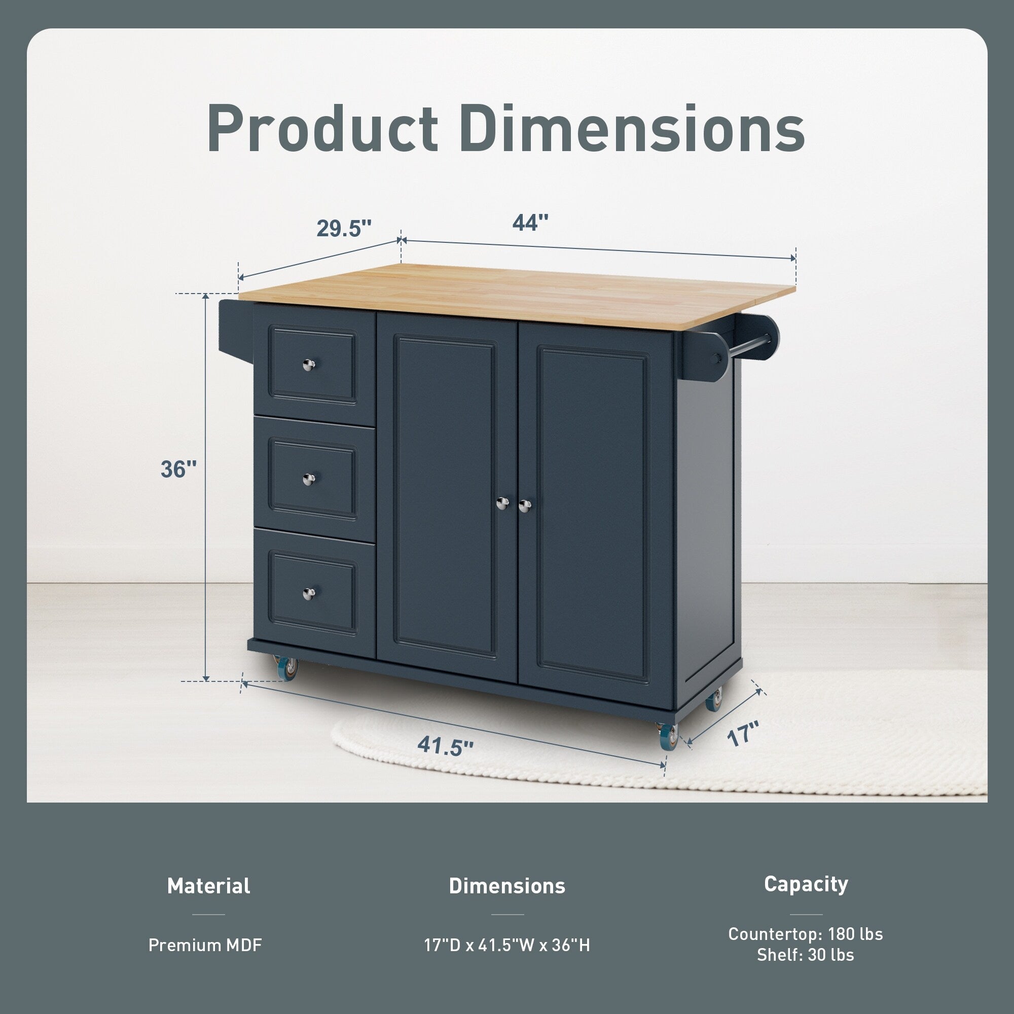 Sophia & William Kitchen Island Cart with Drop-Leaf and Rubber Wood Top, Rolling Kitchen Trolley Cart with Large Storage Cabinet