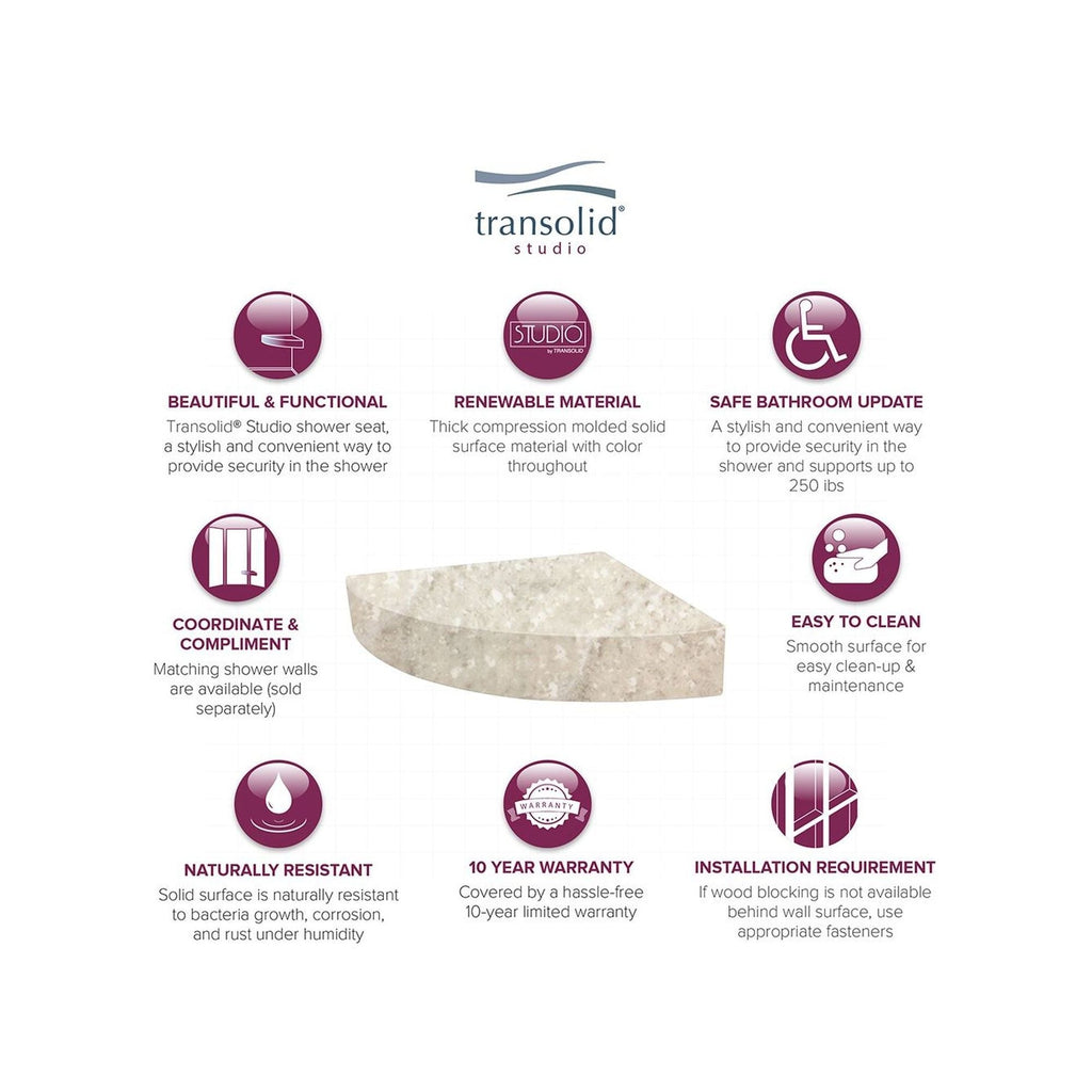 Transolid Studio 14-In X 14-In Solid Surface Wall-Mount Corner Shower Seat - 14.5 x 14.25 x 3