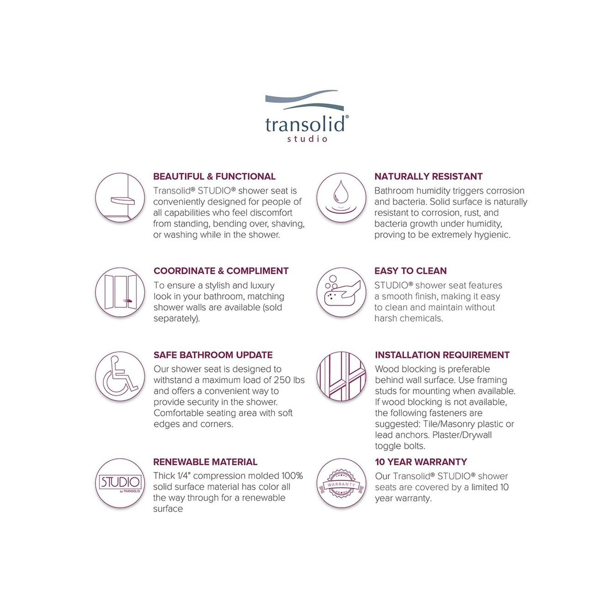 Transolid Studio 14-In X 14-In Solid Surface Wall-Mount Corner Shower Seat - 14.5 x 14.25 x 3