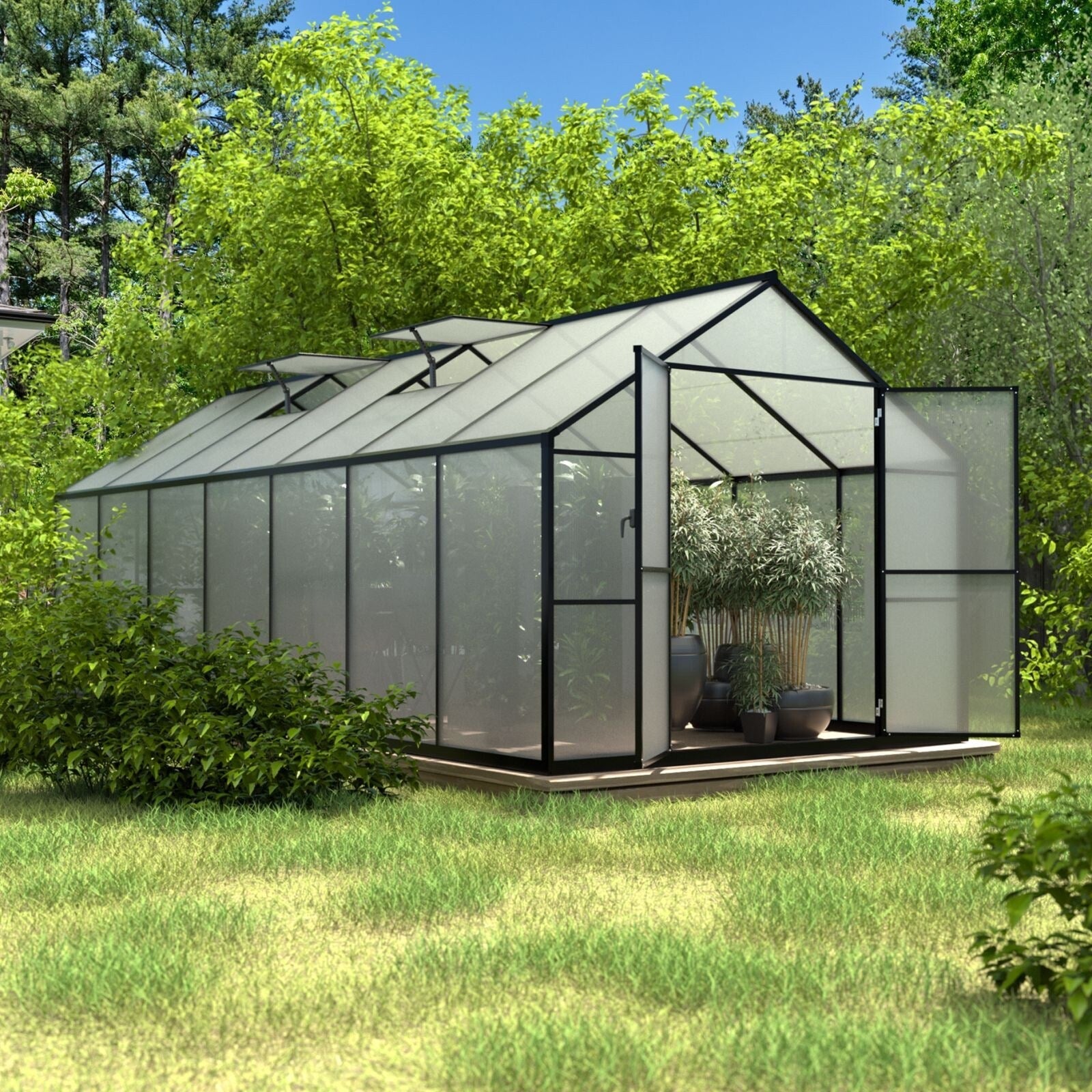 VEIKOUS Aluminum Walk-In Garden Greenhouse Kit with Adjustable Roof Vent and Lockable Door Grey